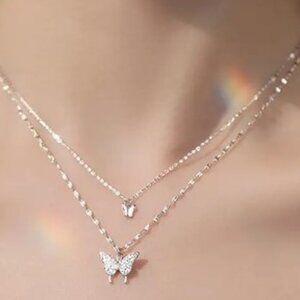 Double-Layered Butterfly Pendant Necklace Sparkling Rhinestones Minimalist